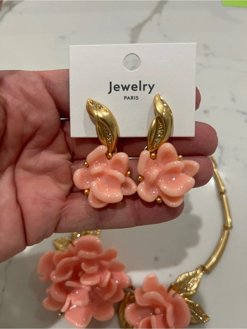 Vintage 18K Gold Plated and Pink Floral Statement Necklace and Earring Set